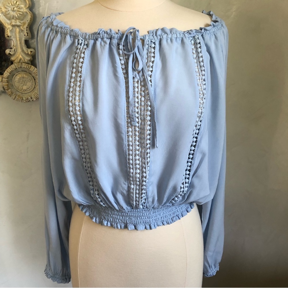 Iris bohemian ice blue peasant off the shoulder long open sleeved size Large - Picture 9 of 15